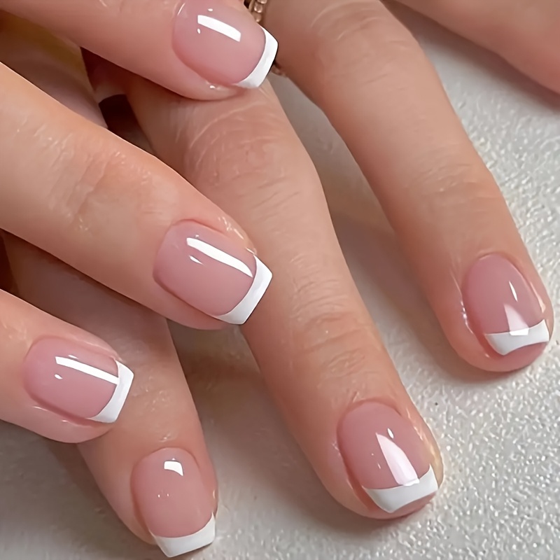 

24pcs -on Nails Set, Bright Nude And White French Style, Short Square Acrylic False Nails, Easy To Stick, Office And Casual Wear