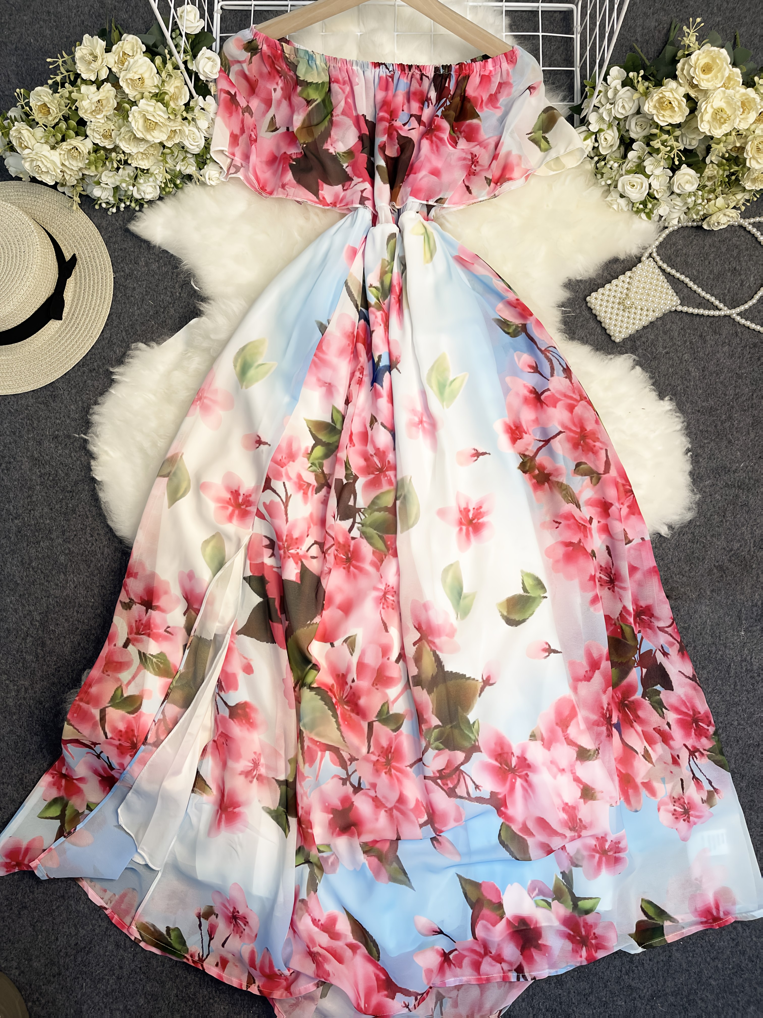 womens elegant floral print shoulder high waisted dress - Temu Italy