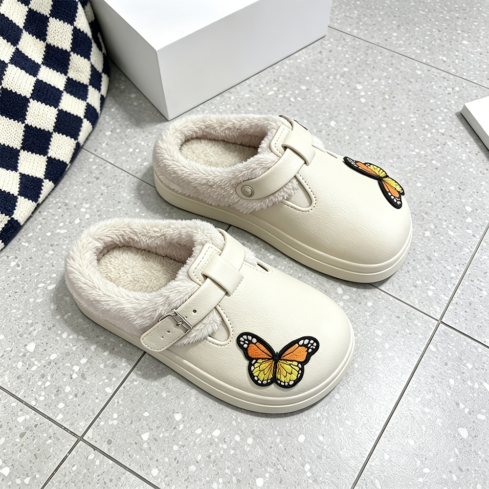 TEMU Women Winter Style Mule Clogs Plush Fleece Lined Backless Platform Slides Shoes Adjustable Strap Cute Monarch Embroidery, Women Shoes