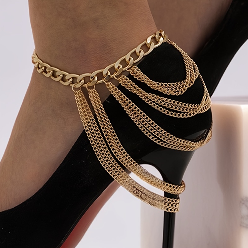 

Multi-layer Stacking Tassel Foot Chain Geometric Chunky Chain Elegant Sexy Style Women's Golden Anklet For Banquet And Party Wearing
