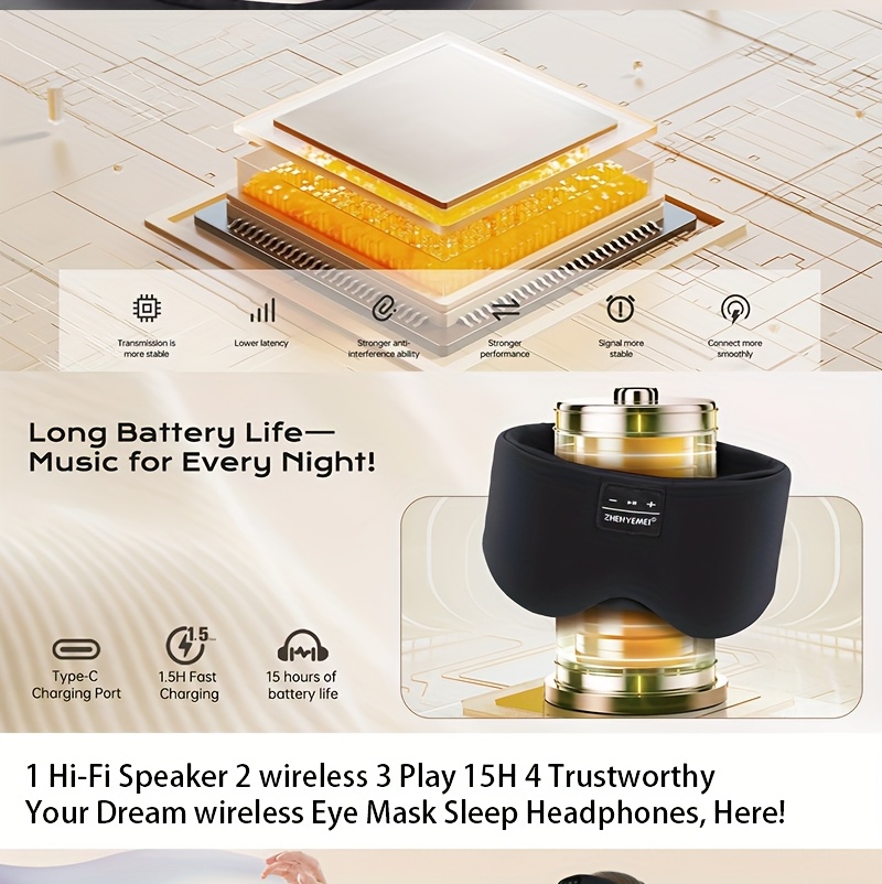[ZHENYEMEI Sleep Mask] ZHENYEMEI Sleep Mask | 15 Hours Extended Battery Life | 3D Zero-Pressure Side Sleeping Design | 100% Complete Light Blocking | Includes Earplugs + Storage Box | Multiple Colors