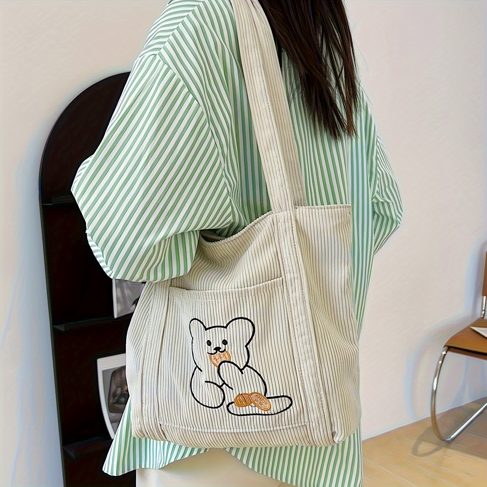 

Kawaii Bear Pattern Corduroy Tote Bag For Women, Casual Fashion Shoulder Handbag, Simple Trendy Design Handbag