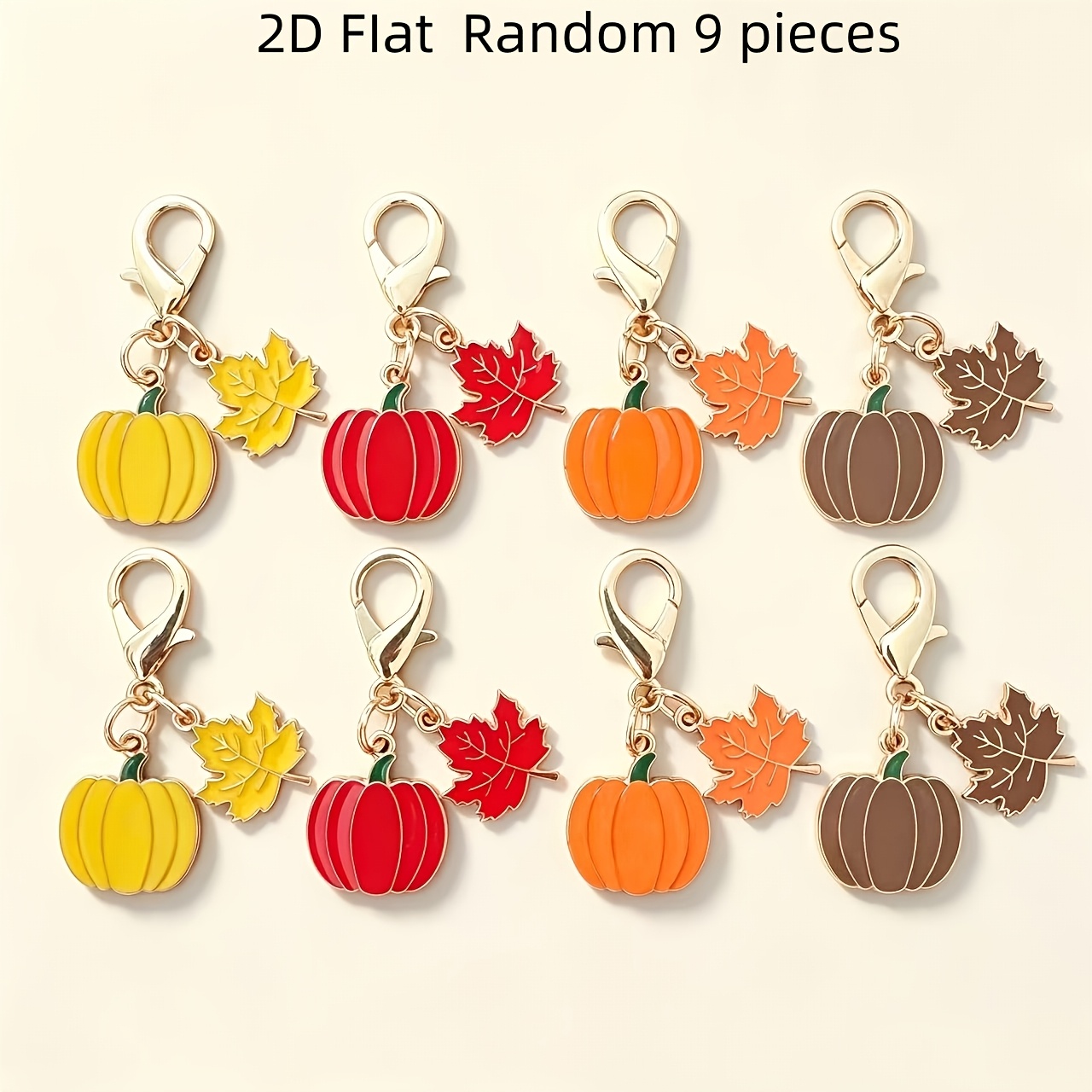 TEMU Assortiment aléatoire de 9 pièces plates 2D - Porte-clés métalliques 2D dessin citrouille et feuille d'érable pour femme, breloques mignonnes en