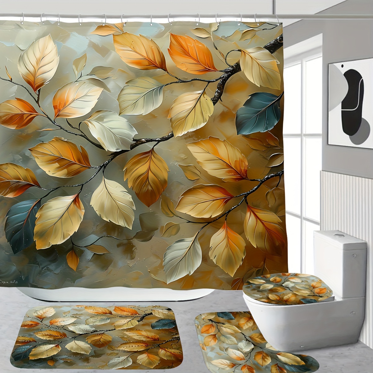 

Fall Leaves Shower Curtain Set With Bath Mat And Toilet Cover - Cordless, Woven Polyester, Autumn Forest Theme Decor With Non-bleach Fabric, Digital Printed Curtain Set With 12 Plastic Hooks