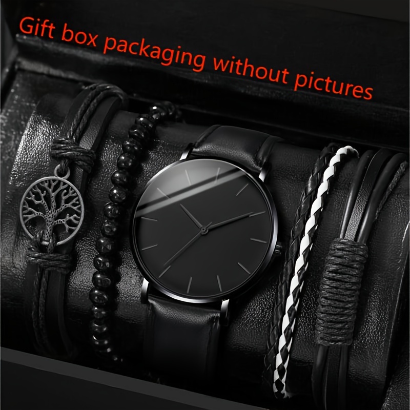 

5 Pcs Black Quartz Watches Pu Leather Strap Zinc Alloy Pointer Zinc Alloy Dial And Bracelet Jewelry For Women Men