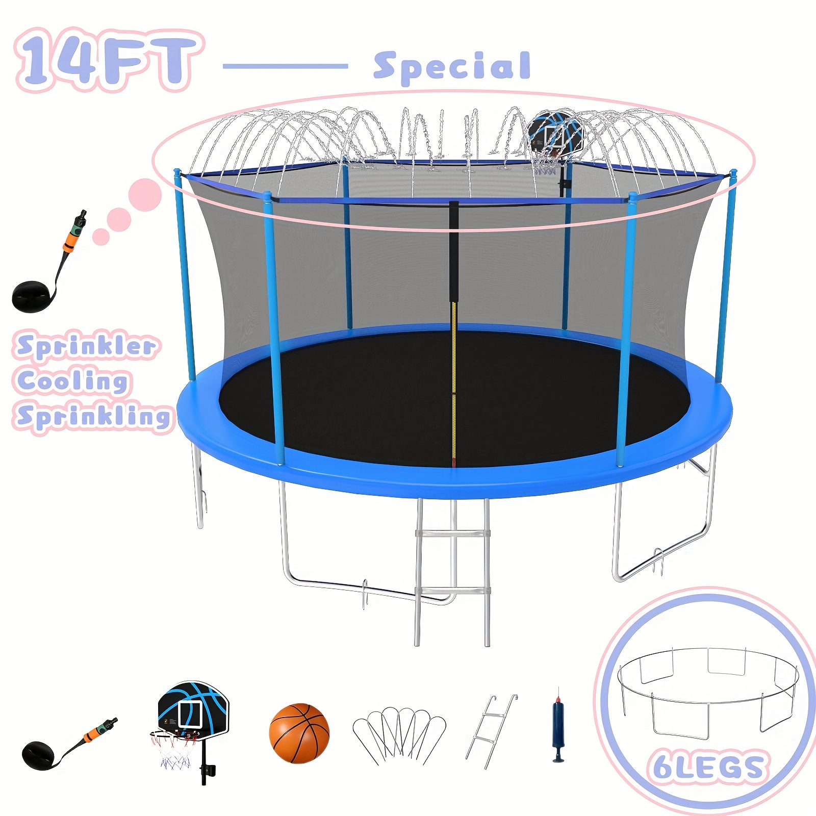 14ft/12ft/10ft Outdoor Kids Trampoline with Water Spray Device, Equipped with Safety Net and Heavy-Duty Rust-Resistant Frame, Suitable for Children and Adults, Includes Basketball Stand and Ladder Blue