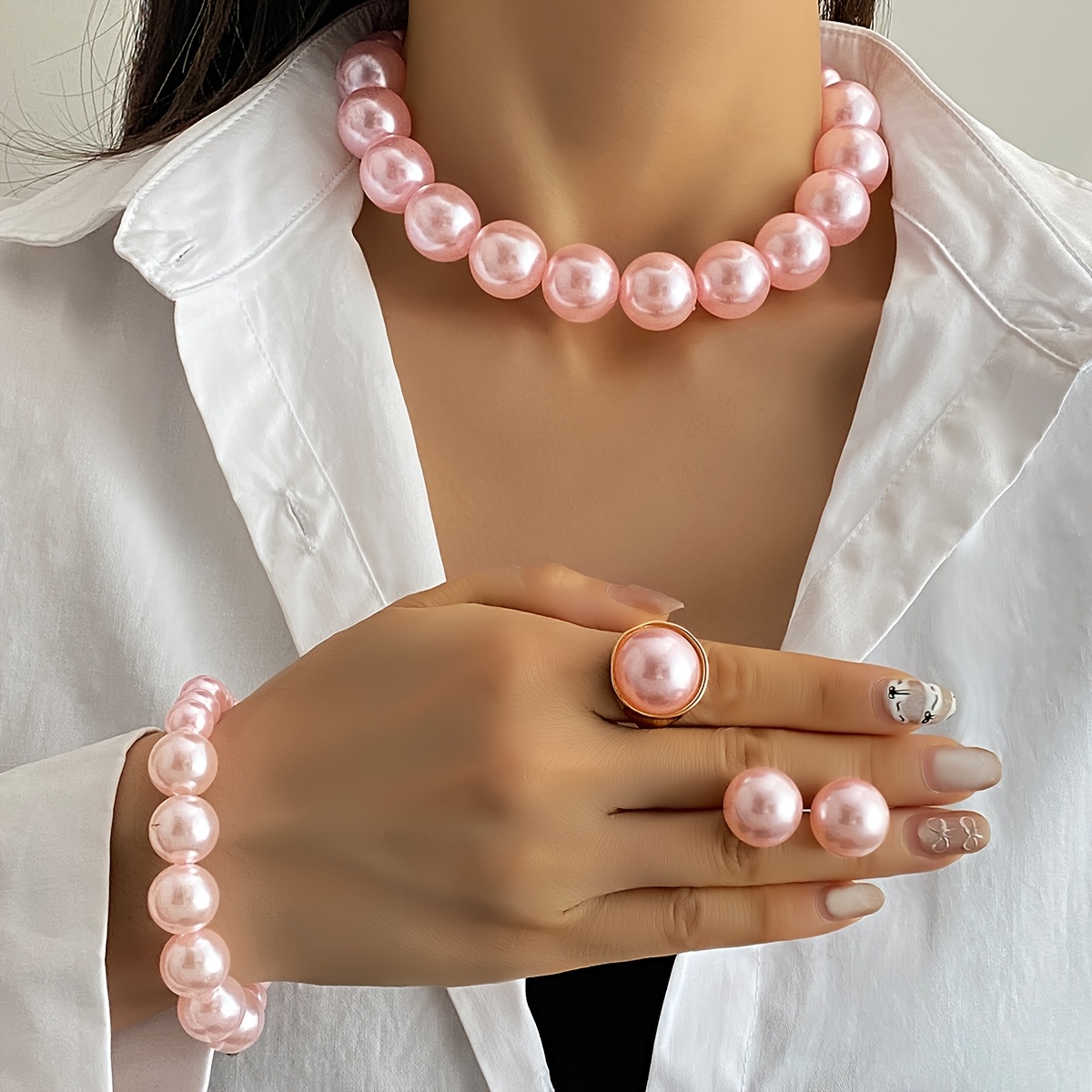 TEMU Juego de 4 Piezas de Elegantes Aretes, Anillos y Pulsera con de Perlas Rosas para Mujer - Ideal para Uso Diario, Fiestas y Regalos Festivos