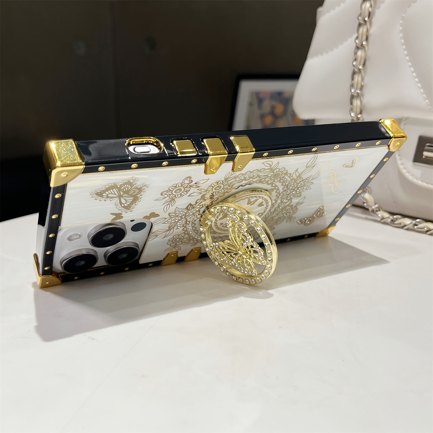 Luxury Laser Shell Pattern Case for iPhone 16 15 Pro Max 14 13 12 11 Plus Rhinestone Butterfly Stand Holder Shockproof Card