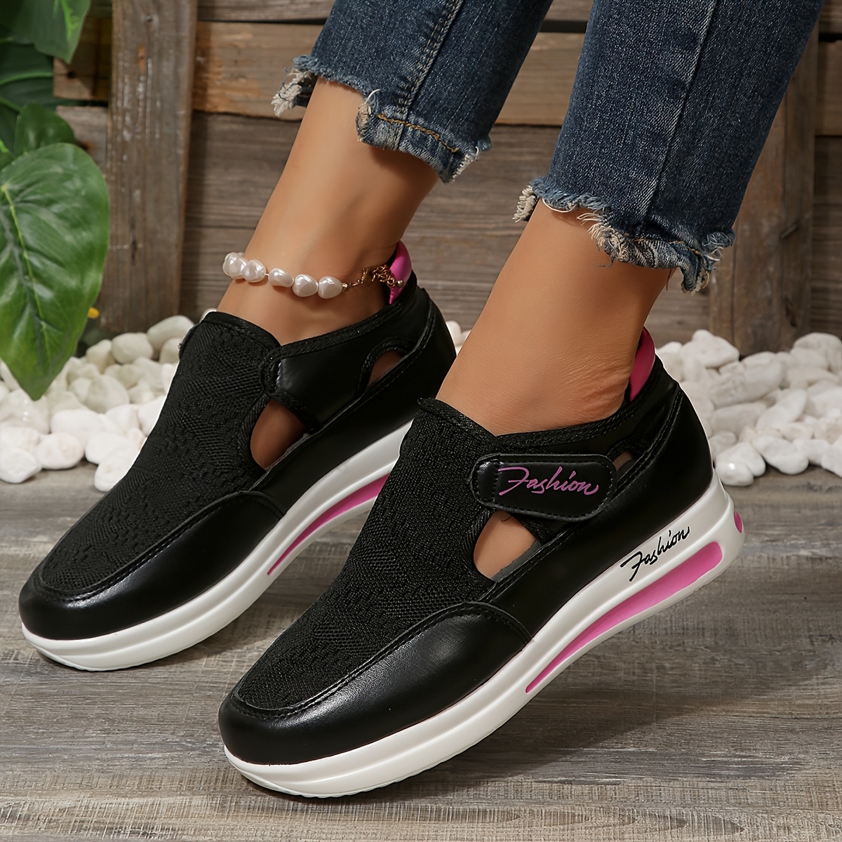 womens breathable mesh casual sneakers black with pink accents low top lace       for outdoor casual attire ladies sneakers Product details 0