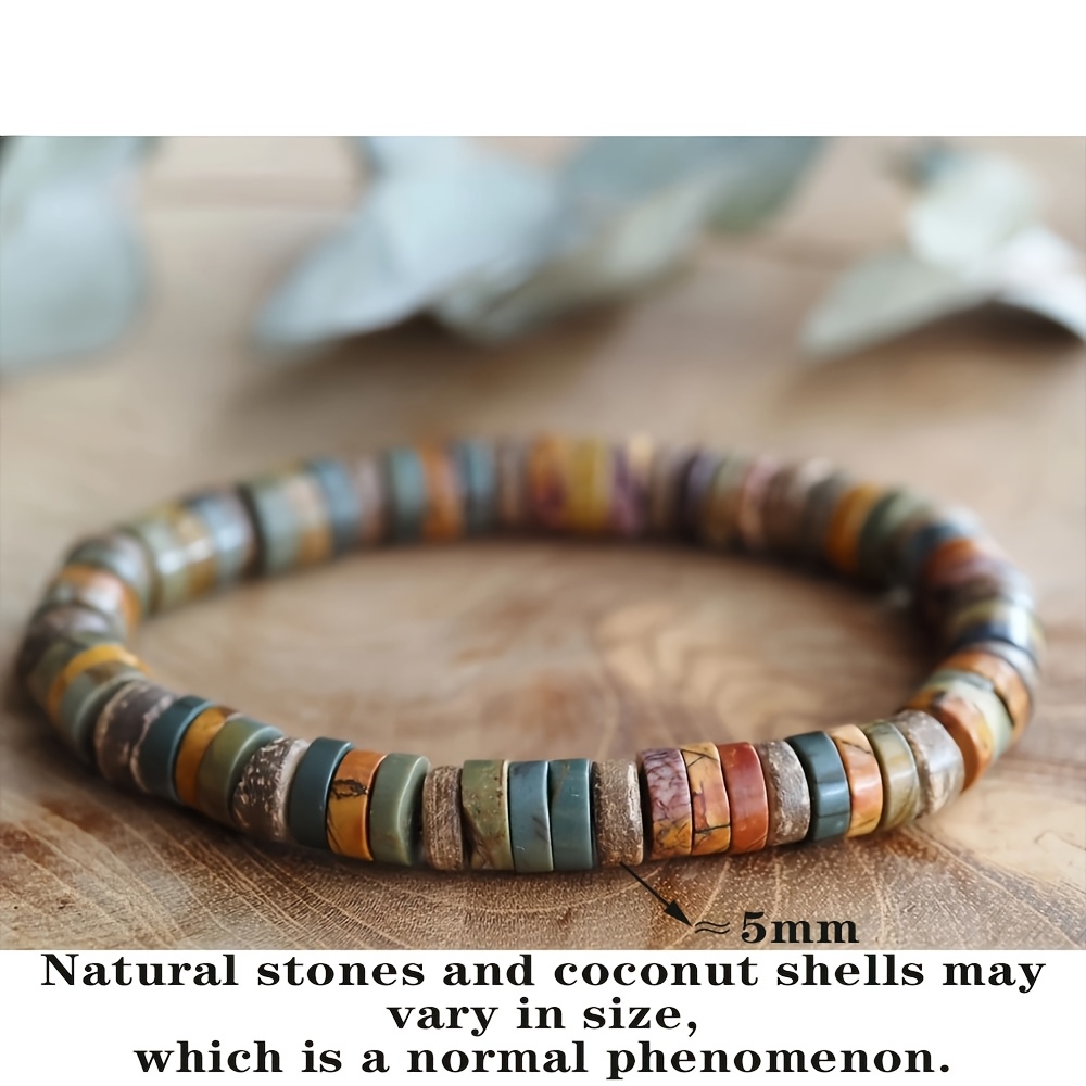 TEMU 1pc Natural Picasso Jasper Stone Bracelet - Handmade Boho Elastic Stretch Suitable For , 6mm Beads With Picasso Marbling, Birthday Gift For