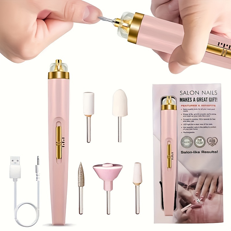TEMU Electric Nail File, Usb Manicure Pen Sander Polisher With 5pcs Drills And Sand Bands For Exfoliating, Polishing, Nail Removing, Acrylic Nail Tools