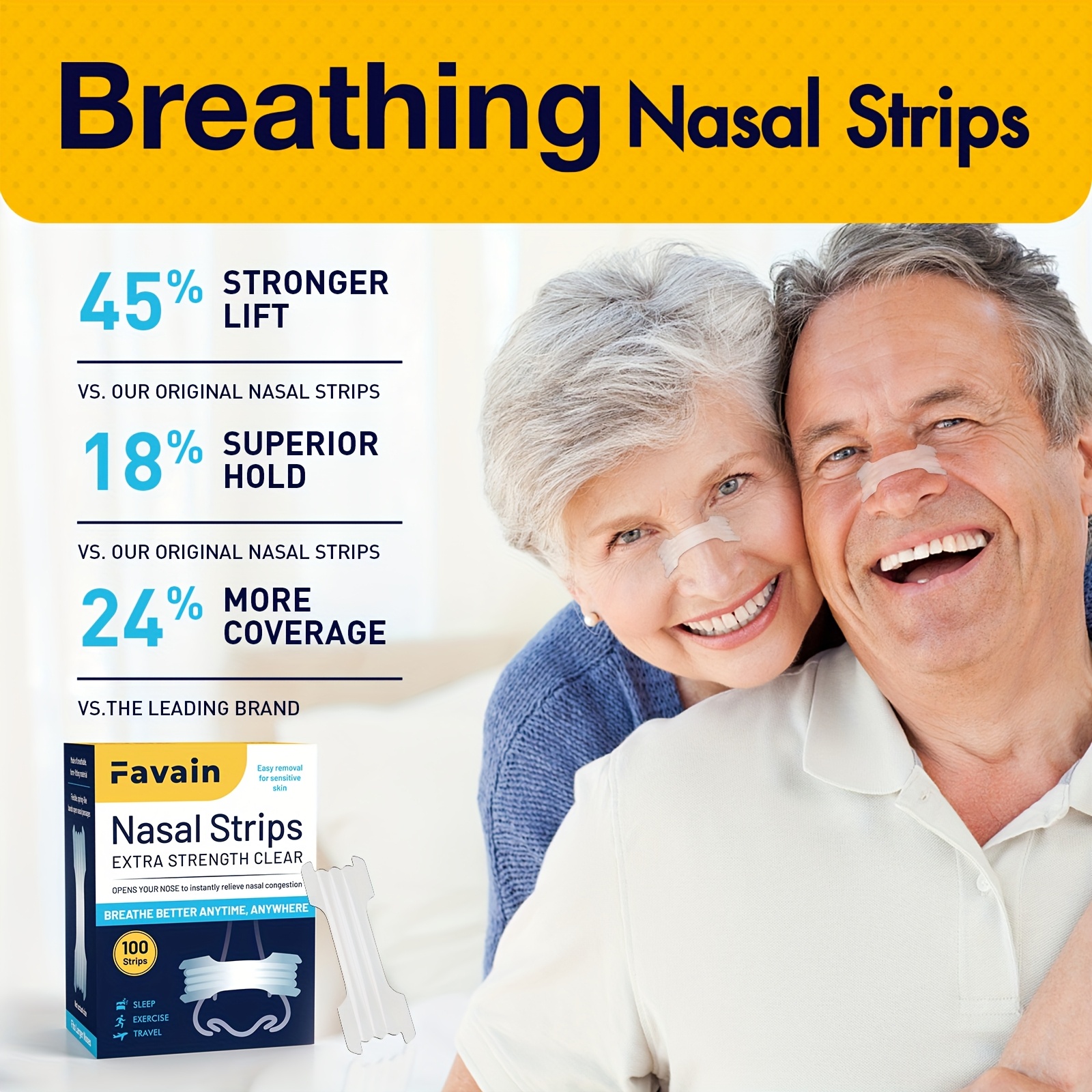 Favain 100pcs Non-Drug Snore Free Nasal Strips - Increased Airflow, Drug-Free Sleep Aid, Anti-Snoring Solution for Sleep Apnea & Health-Conscious Individuals, Christmas Gift Idea, Sleep Aid, Natural Sleep Aid, Easy Application