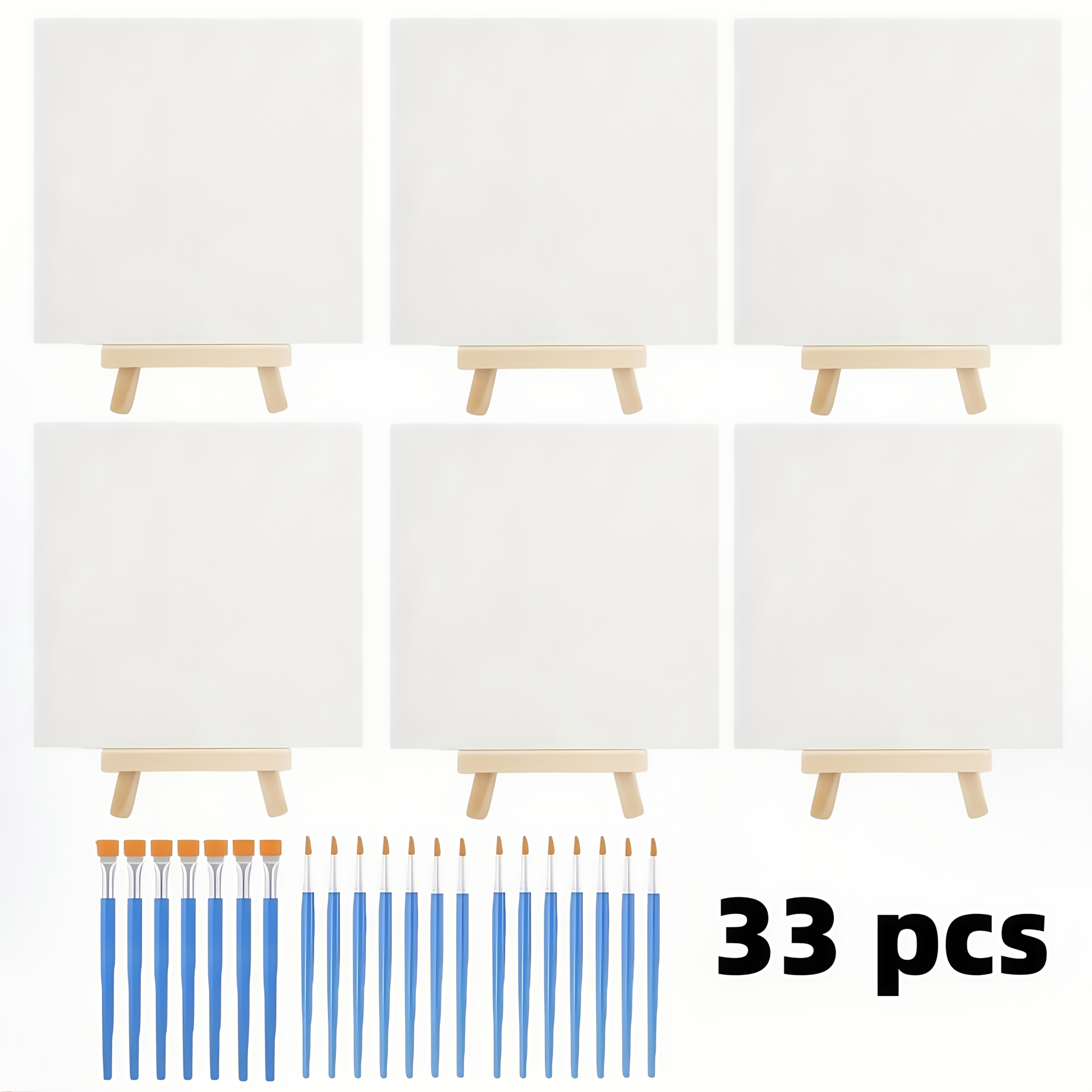 33pcs Art Material Set, Portable Dye Kit, Including 6 × 6 Inch Canvas, 6 Easels And 21 Brushes, Easy To Carry, Blank Boards For Projects, Small Easels For Displaying, Great For Practicing Artwork