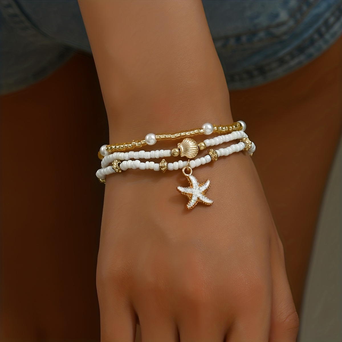 Boho Beach Jewelry Set - 4pcs Starfish Seashell Layered Necklace & Bracelet