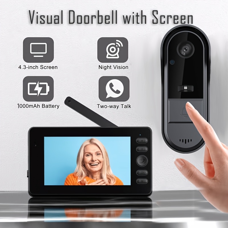 TEMU Sonnette fil pour vidéo , sonnette avec écran, sonnette intelligente, écran d'affichage 4,3 pouces, moniteur HD 1080P, angle de 120°, sonnette