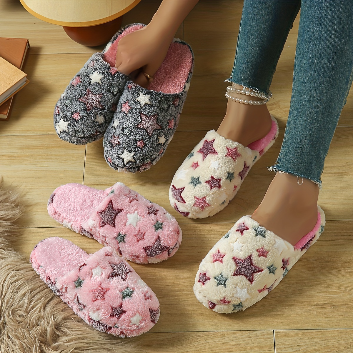 

1 Pair Cozy Women's Star Pattern Slip-on Slippers - Indoor House Shoes With Fabric Upper, , And Insole, Tpr Sole - , Non-slip Warm Slippers For Spring, Autumn, And Winter