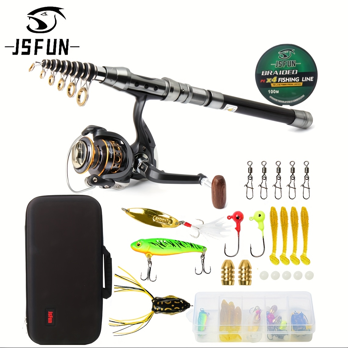 

15sfun Braided Fishing Line 100m - Complete Fishing Kit With & 2.1m Telescopic Rods, Reels, Lures, Hooks, And Accessories