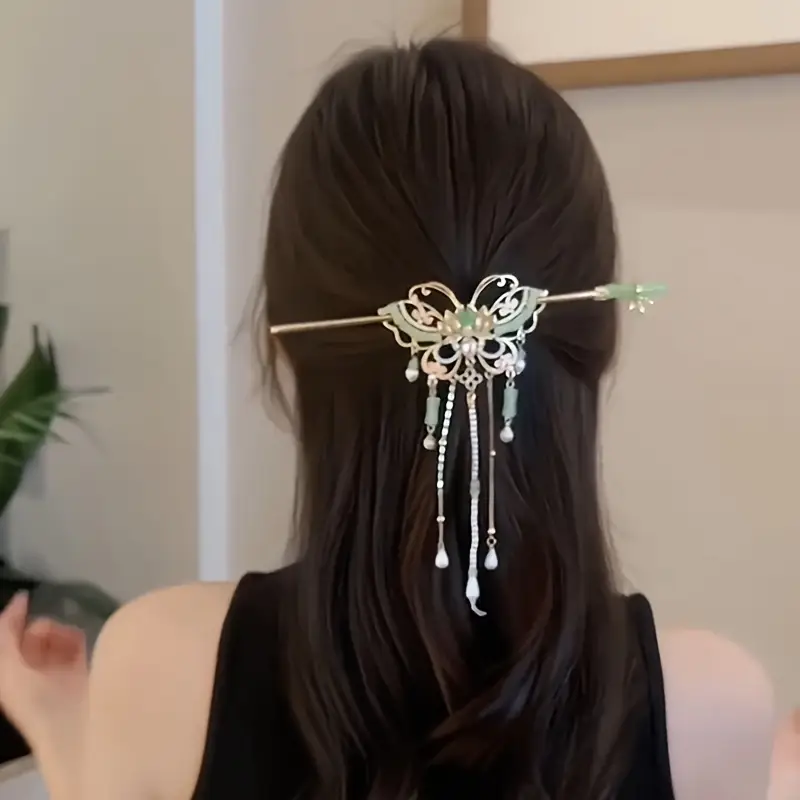 1pc traditional chinese hairpin for women elegant metal hair stick with dangling chains and beads fashionable hair accessory for festive occasions Product details 0