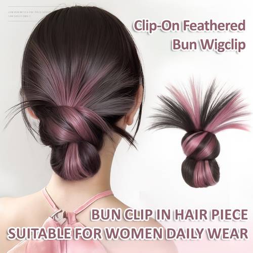 clip on feathered bun wig clip multi color chicken hair with dark brown to pink gradient secure hold for women men all occasions hair wigs quick hairstyle solution hairpiece lightweight hairpiece busy professionals