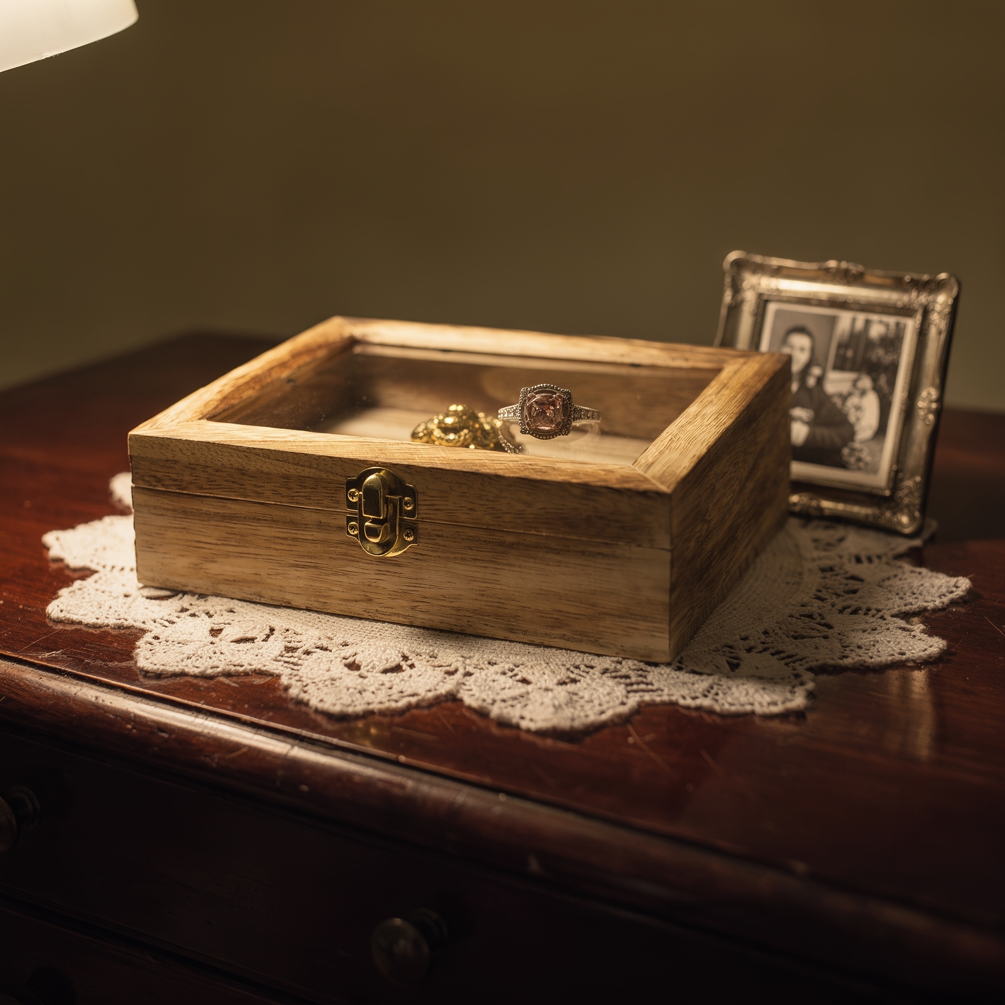Vintage Wooden Jewelry Box with Acrylic Viewing Lid