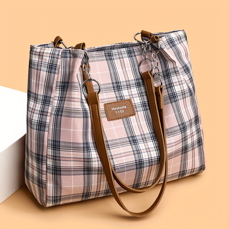 

Fashion Plaid Pattern Tote Bag, Trendy Nylon Shoulder Bag, Women's Casual Handbag For Commute Work
