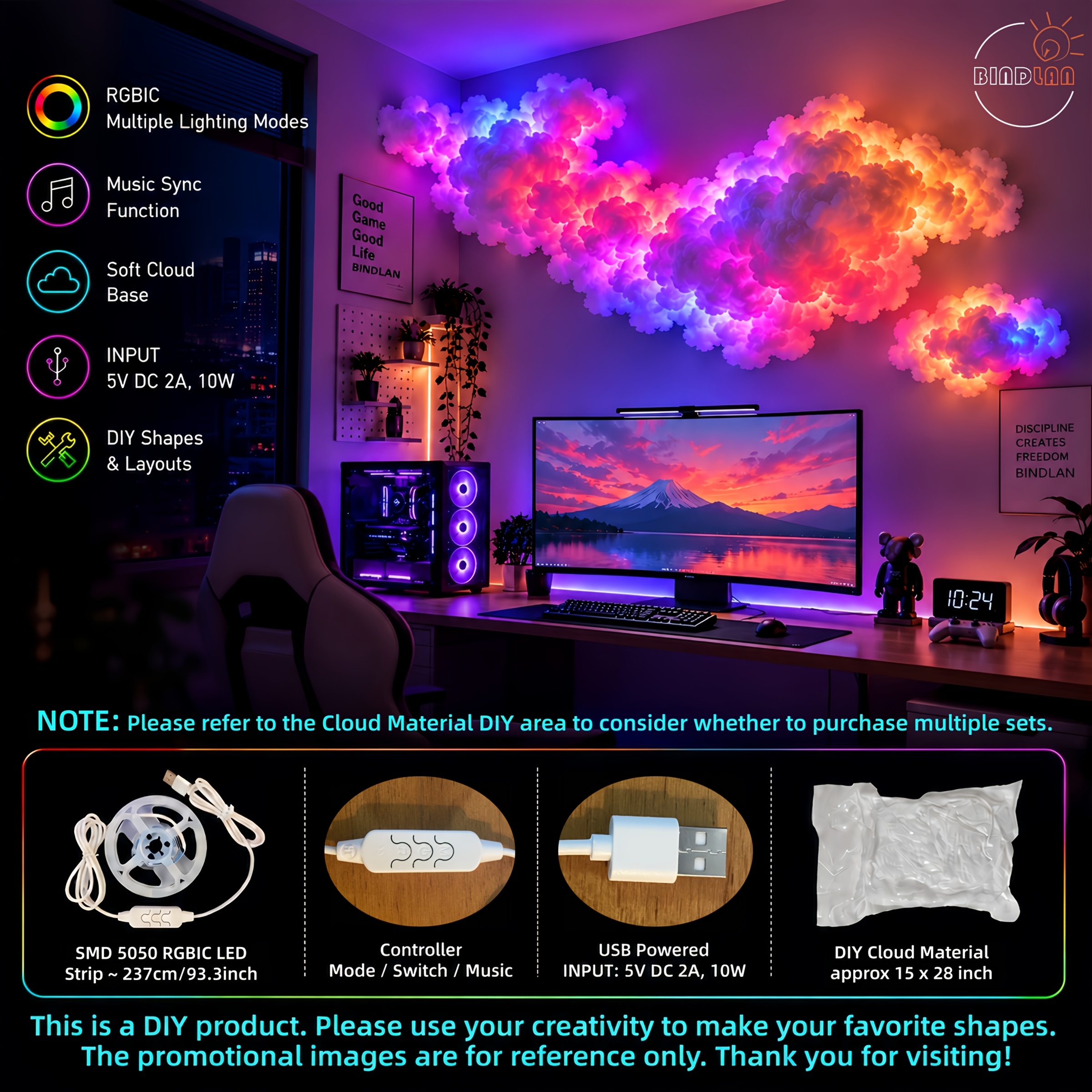 TEMU Led Cloud Light, Music Sync, Rgbic Color Changing Smart Light, Flexible Diy, Gaming Room , Festival Decor Light, Usb Powered, 3d Thundercloud