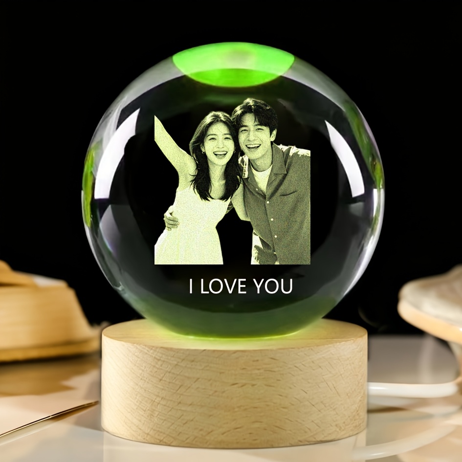 TEMU Laser-engraved Crystal Glass Ball With Usb-powered Wooden Lamp Base, Multicolor . Bedroom, Living Room, Home Decor Ornament, Holiday Decoration,