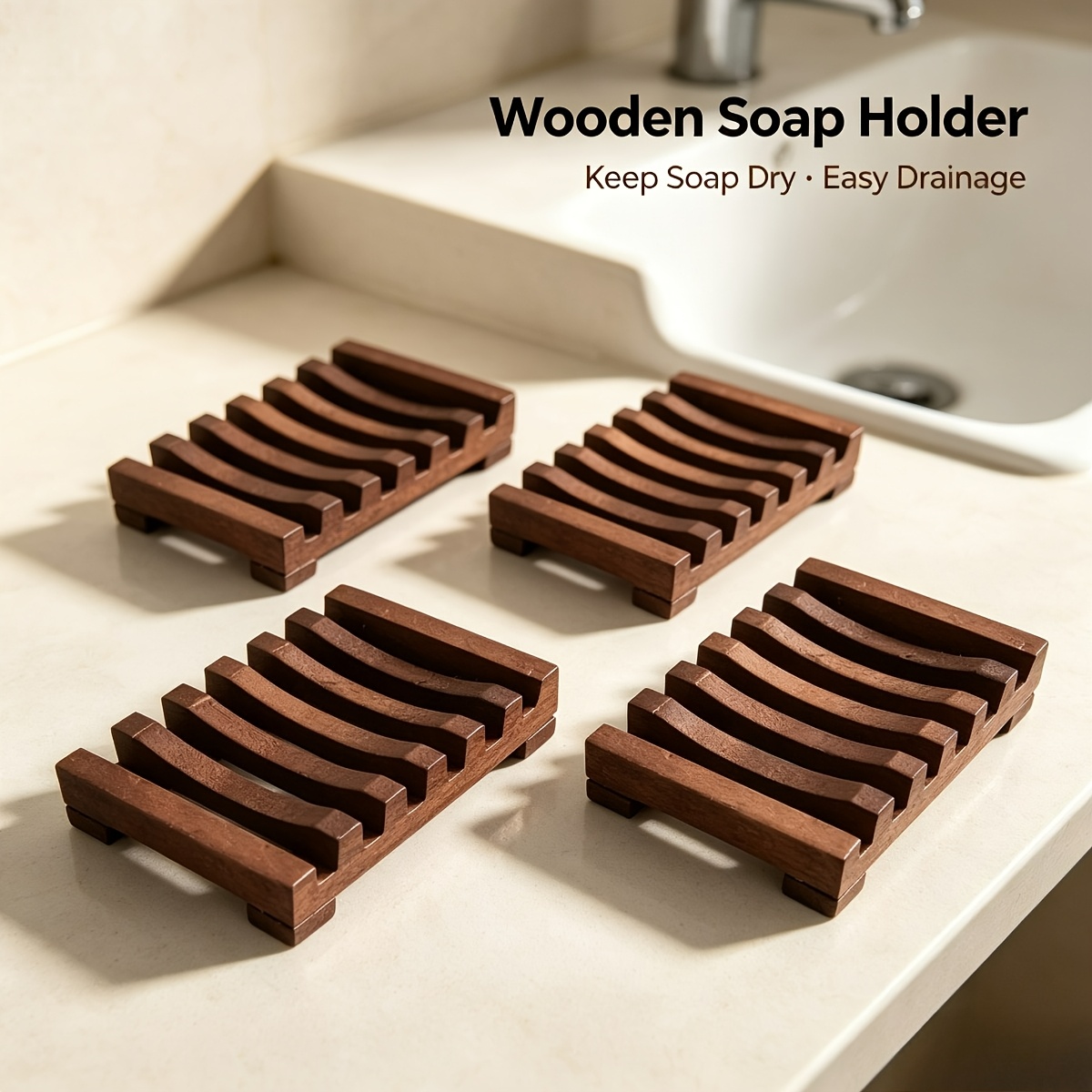 TEMU 4pcs Stylish Wooden Soap Dish Set, Self-draining, Keeps Soap Dry And Not , Suitable For Shower Rooms And Bathrooms. No Electricity Required.