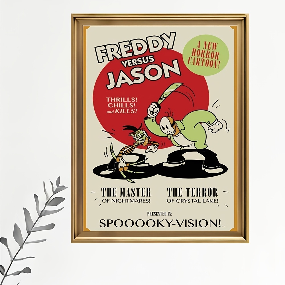 TEMU 1pc Vs Jason Horror Parody Wall Art - Retro Comic-style Frameless Cloth Poster Suitable For Home Office, Living Room, Bedroom - Iconic Vs Jason