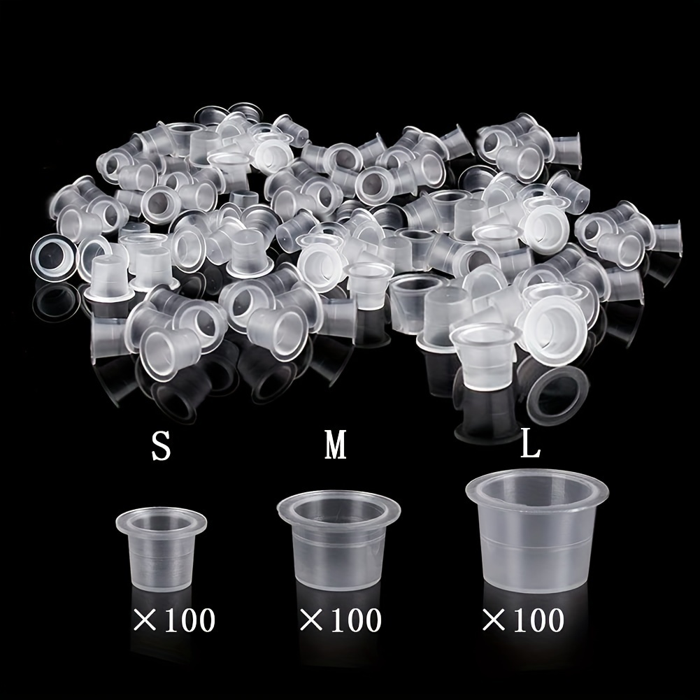 

300-pack Cups In 3 Sizes - Small, Medium, Large (0.67in, 0.79in) - Clear Plastic Pigment Holders For Tattoo Artists