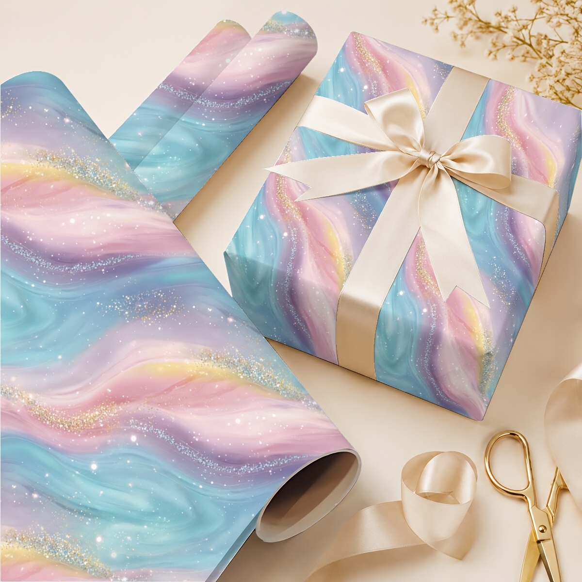 TEMU Rouleau de papier cadeau extra long 19,69 po x 118,11 po, tourbillons pastel pailletés et scintillants, pour anniversaires, , Saint-Valentin et