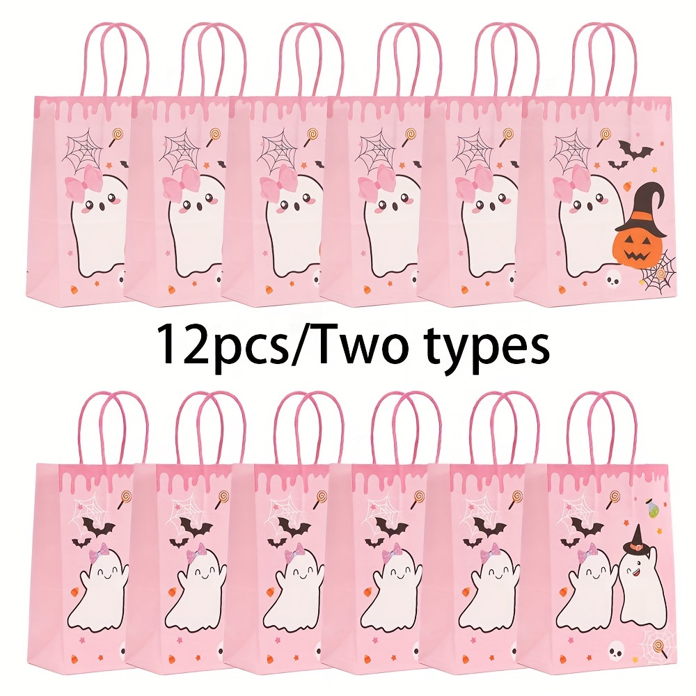 

12pcs Pink Party Favor Bags, Cute Spooky Paper Gift Bags With Handles For Candy, Trick-or-treat, Birthday, Wedding And Shopping, Durable Handle & Solid Bottom