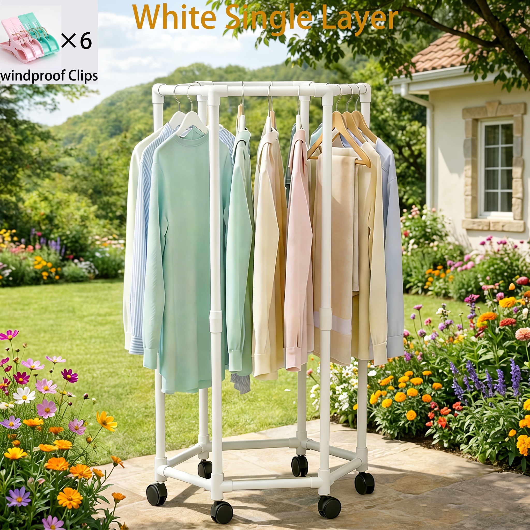Rotating Clothing Rack with Wheels, Heavy Duty Metal Garment Rack for Hanging Clothes, Multifunctional Rotating Clothing Organizer, Freestanding Closet Organizer for Bedroom, Laundry Room, Space Saving Closet Storage for Coats, Dresses, Pants