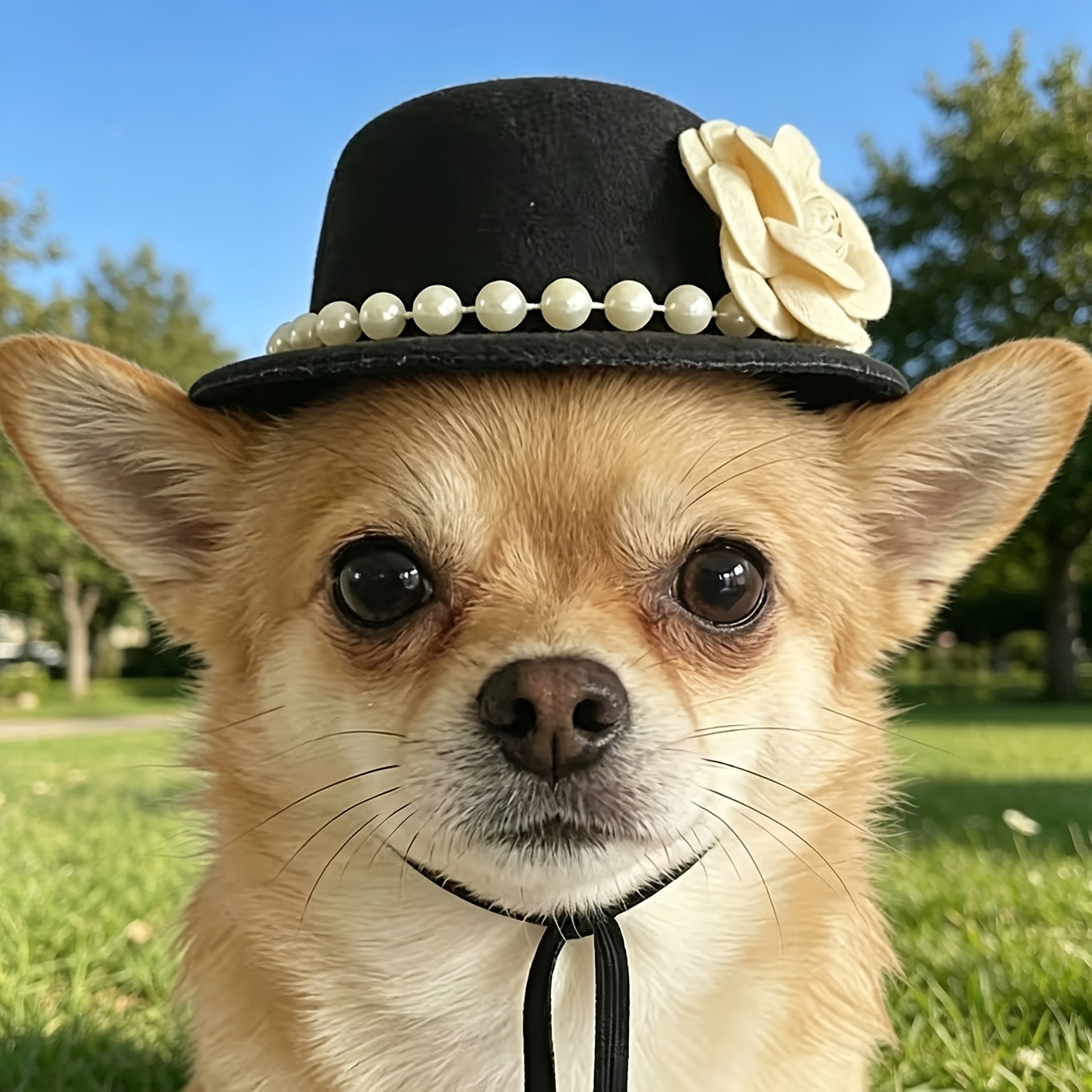 TEMU 1pc Elegant Felt Top Hat For Cats Or Puppies, Pearl And Flower Decor Costume, Adjustable Elastic Strap, Photoshoots And Small Dogs