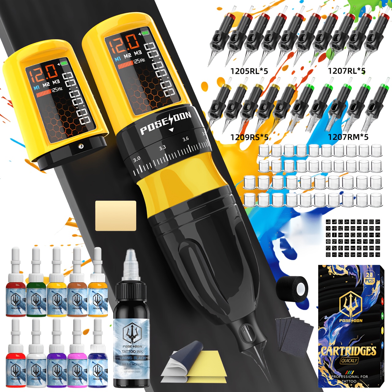 Image of Poseidon Complete Rotary Machine Kit With 2 Cordless Power Supplies, 20pcs Cartridge Needles Rl Rm, Practice Tattoo Ink For Fake Skin, Transfer Paper Tattoo Power Supply For Beginner Artists