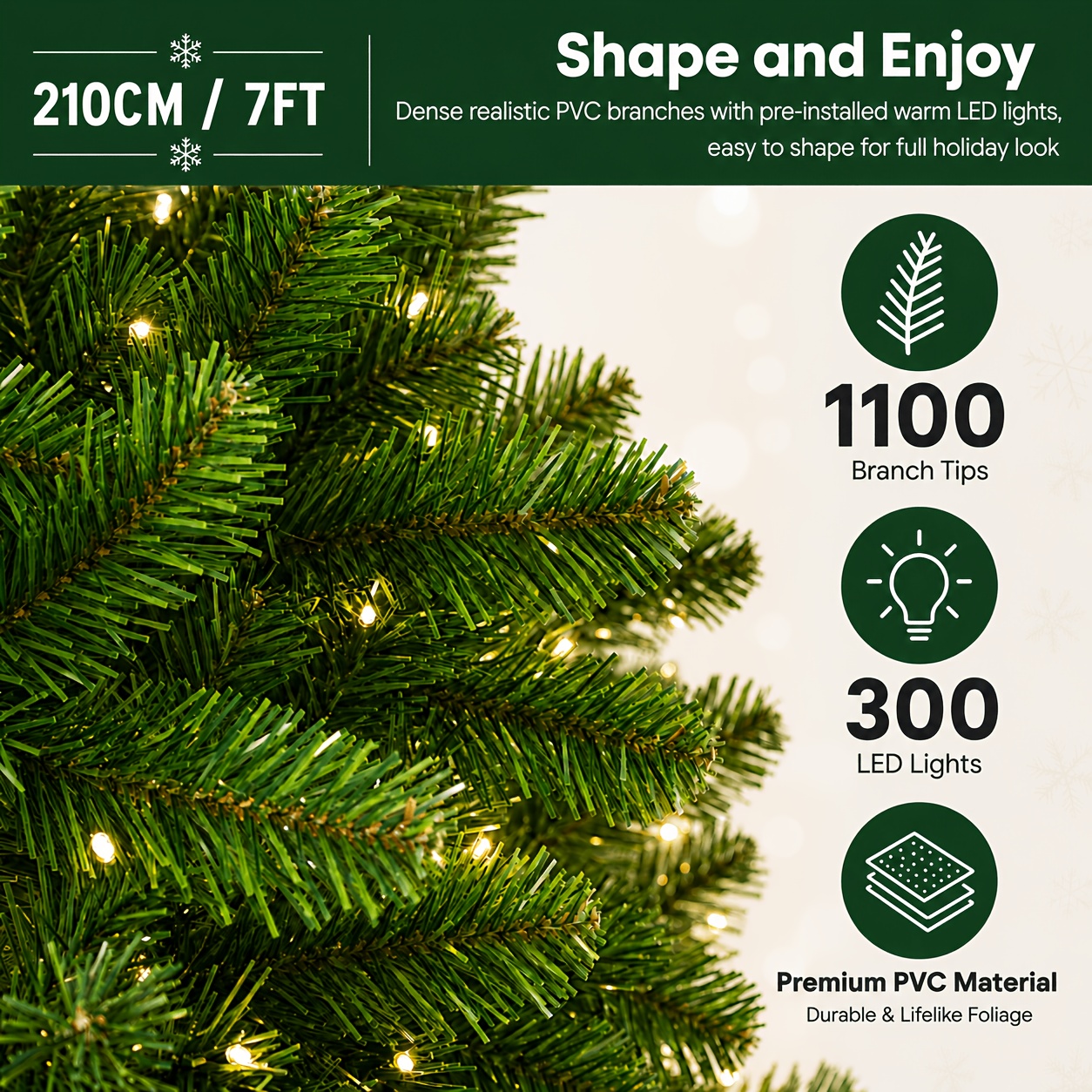 TEMU Sapin de Noël artificiel pré- de 2,1 m avec 300 LED blanc chaud, 1100 pointes de branche, 13 d'éclairage, support métallique pliable, de Noël
