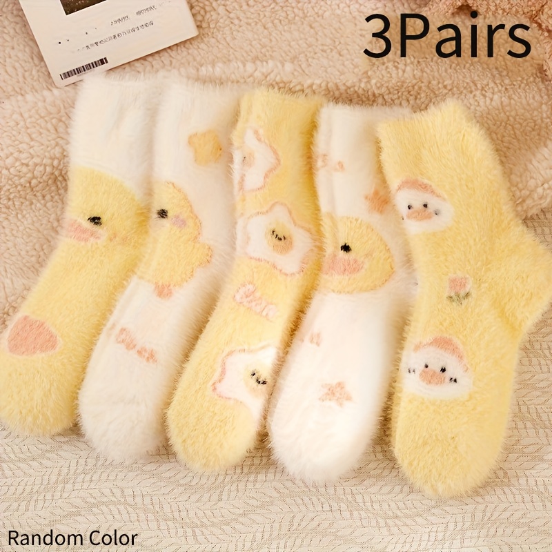 TEMU Cute Warm Fluffy Floor Socks, Cartoon Duck Socks, Suitable For Autumn And Winter, Women's Socks, Random Colors