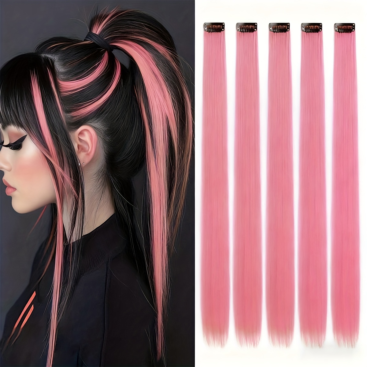 TEMU 5pcs Set Of Straight Hair Extensions With Pink 22 Inch Heat-resistant Fiber Synthetic Hair Clips, Suitable For Women's Christmas, Halloween