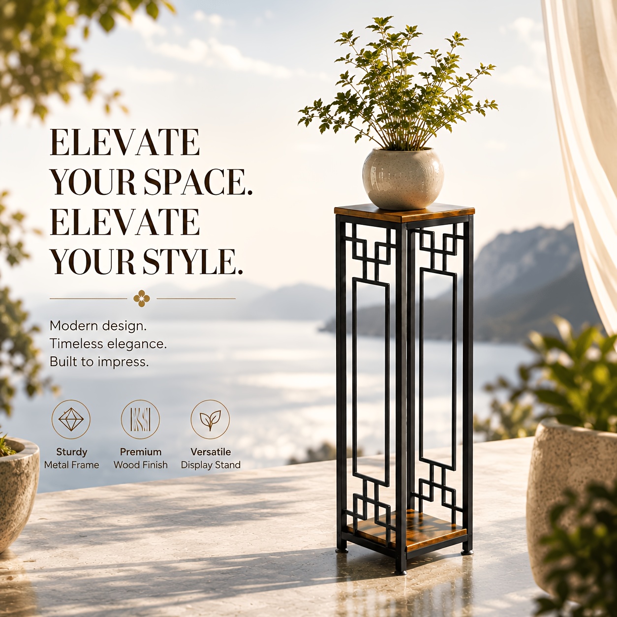 TEMU Support de Plantes Étroit de 80 cm de Hauteur, Support à Fleurs en Métal Noir avec Plateau Bois & Cadre Géométrique, Piédestal d' d'Intérieur