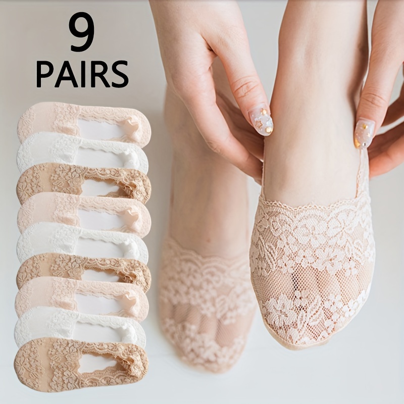 

9 Pairs Women's Floral Lace No Show Liner Socks - Breathable Polyester Blend Invisible Boat Socks With Non-slip Grip, Knit Fabric, Machine Washable