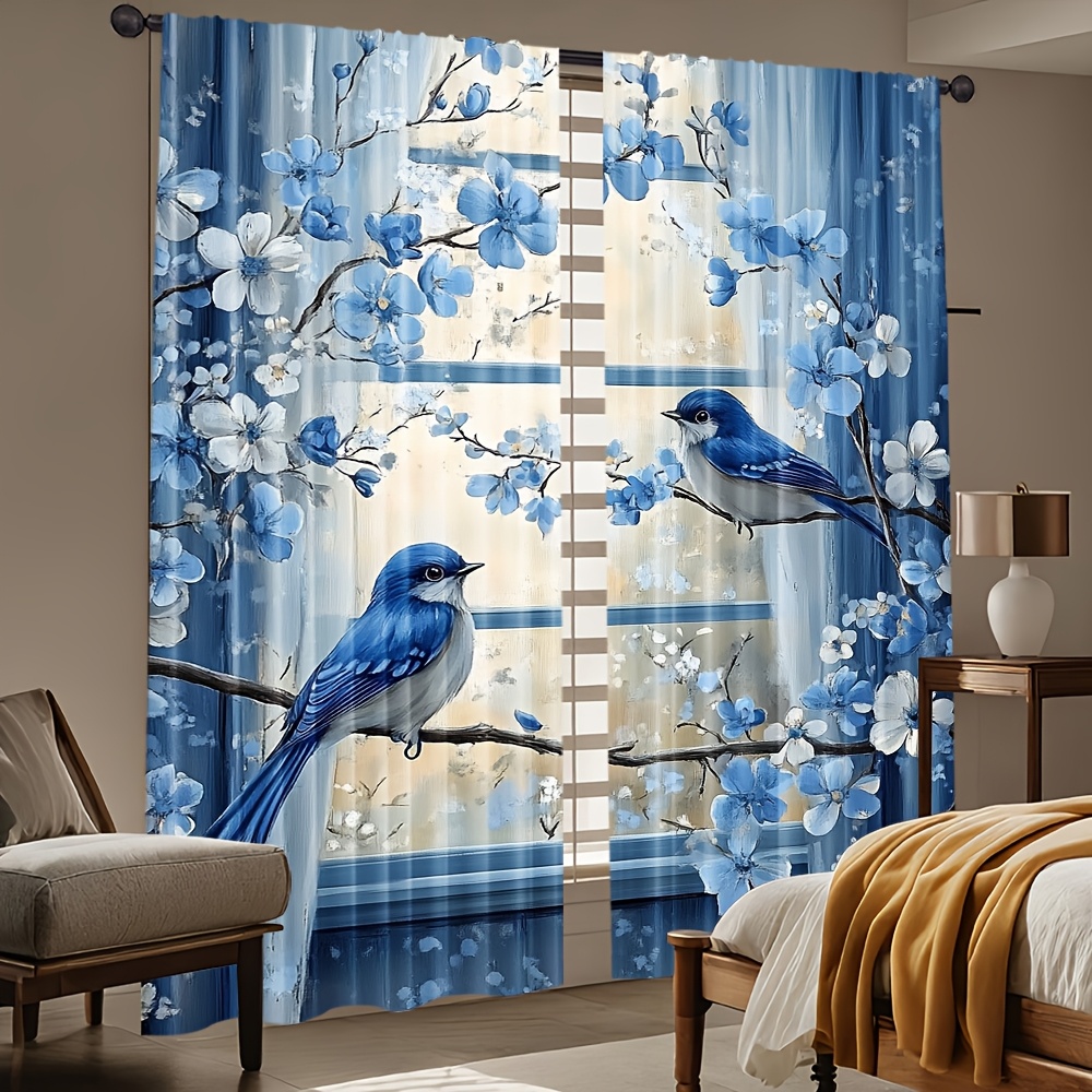 TEMU Rideaux 2D Plats - Rideaux 2D Plats - Rideaux d'impression 2D, 2 pièces Rideaux floraux et avec oiseaux - Fibre de polyester , avec poche pour