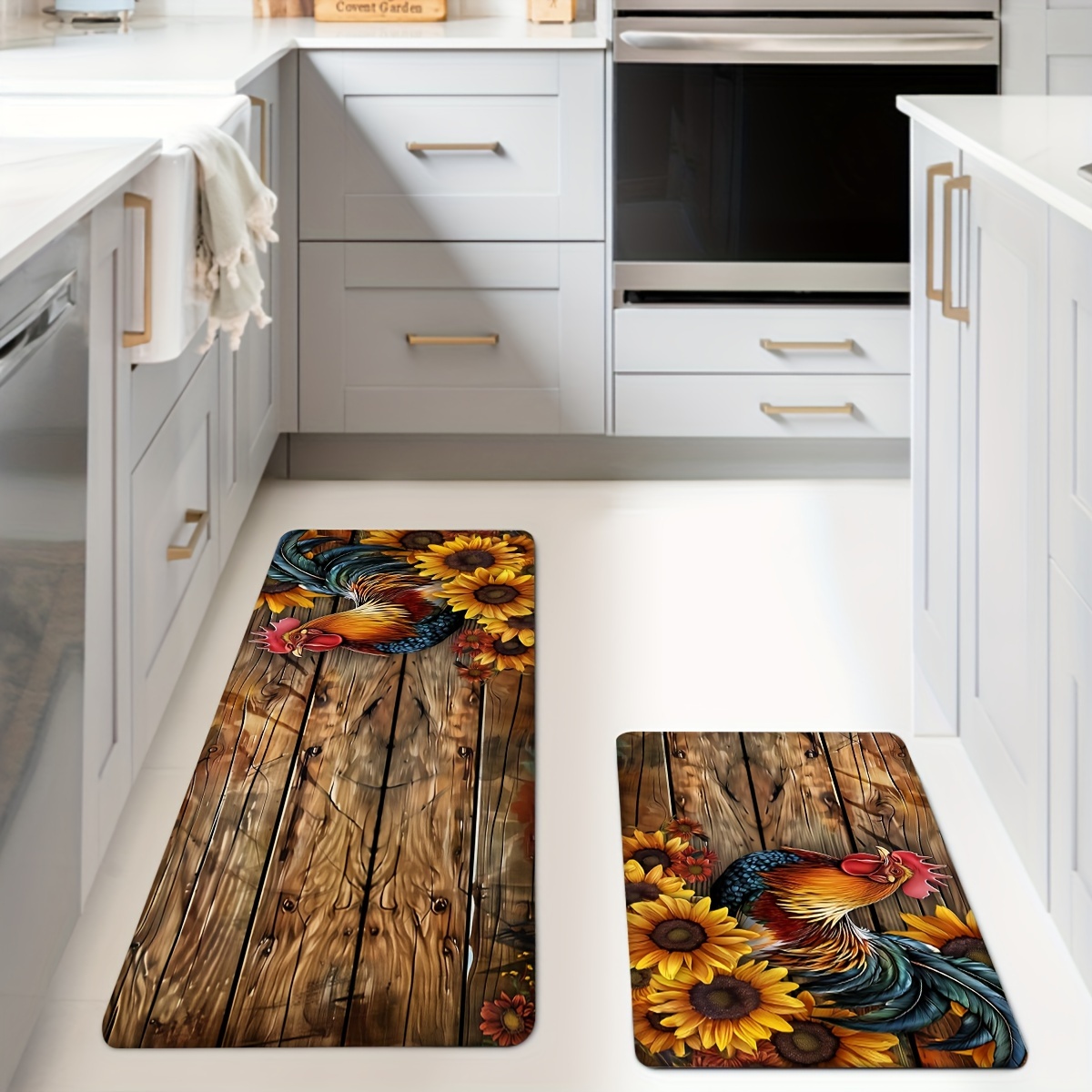Timgle 3 tappeti da cucina con girasole e gnomi in stile retrò, antiscivolo, con stampa, lavabili, comodi, per casa e ufficio, 43 x 73 cm, 43 x 119 cm
