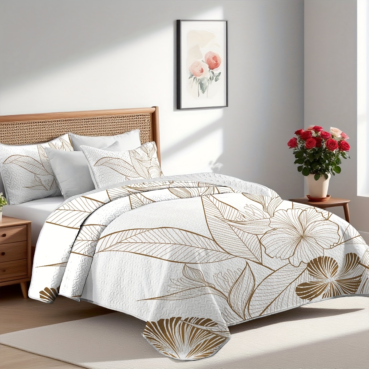 TEMU 2/3pcs Tropical Plant Print Quilt Set (1pc Quilt And 1/2pcs Pillowcases), 100% Polyester -clean Bedspread Set, Summer Bedding, Lightweight And
