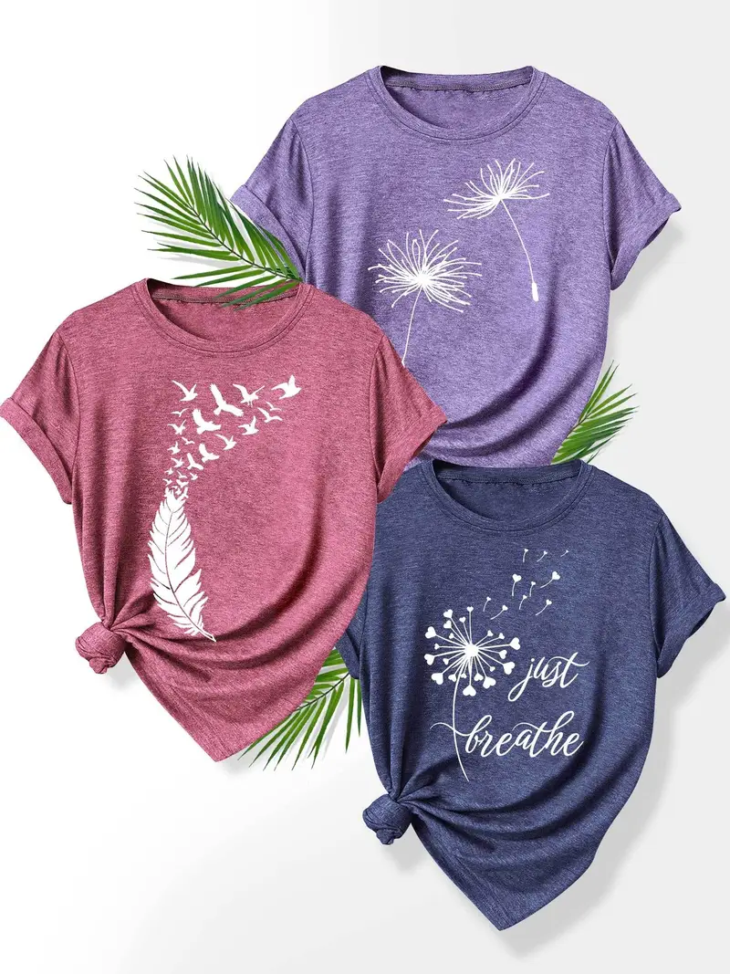 3pcs set floral print t shirts for women dandelion rose and casual summer short sleeve crew neck tees soft polyester blend sizes s xxl casual attire casual summer wear floral print stretchy fabric Product details 4