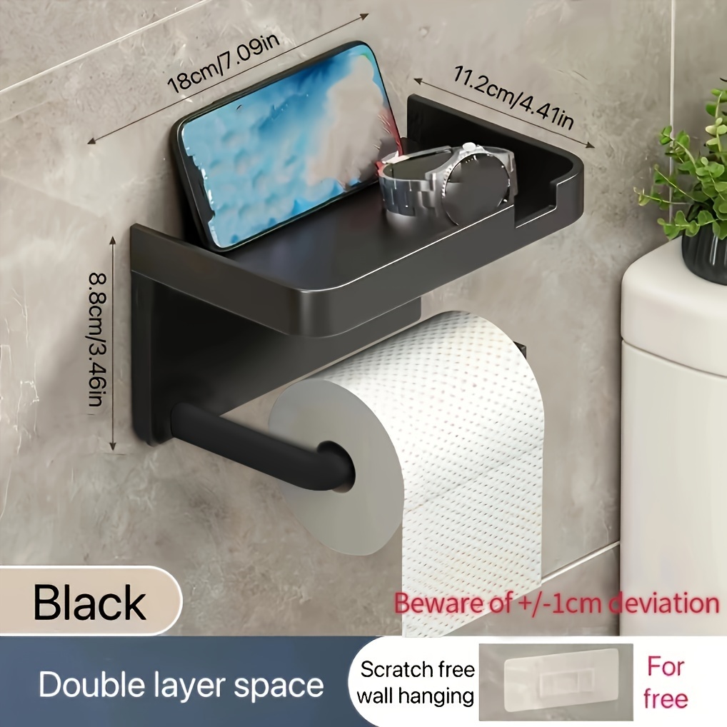 TEMU 1pc Self-adhesive Wall-mounted Bathroom Tissue Holder With Shelf, Plastic Toilet Paper Roll Dispenser With Storage Rack,