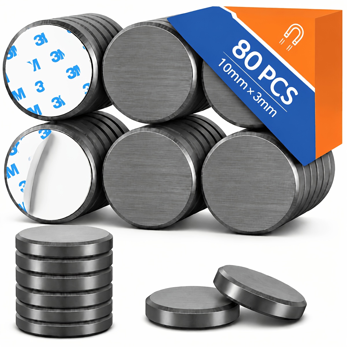 TEMU Gossfen 80pcs 10×3mm Self-adhesive Disc Magnets, Black Round Flat Magnets With Chamfered Edges, Adhesive Backing, Burr-free, No Damage, For Home