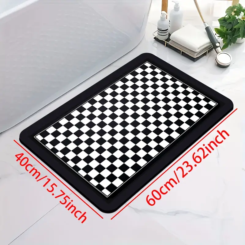 1pc diatomite bath mat with black and white checkered print pattern quick dry non slip absorbent floor mat soft comfortable for bathroom shower laundry room bedroom doorway rv kitchen rug bathroom rugs non slip bathtub mat bath matts for bathroom small bath mat rug bathroom doorway rug shower mat geometric pattern stylish floor rug material durable rubber backing nonslip rug floor rug household rugs mats Product details 4