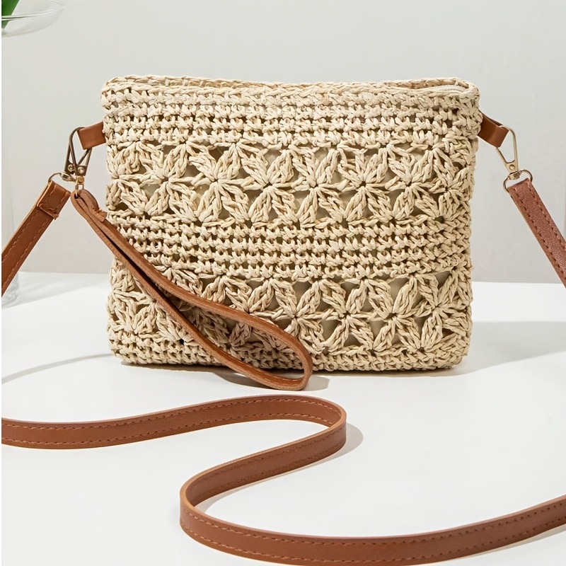 TEMU Women's Straw Crossbody Bag, Hollow Crochet Woven Small Shoulder Bag, Lightweight Summer Crossbody Bag For Women, With Adjustable Pu Shoulder