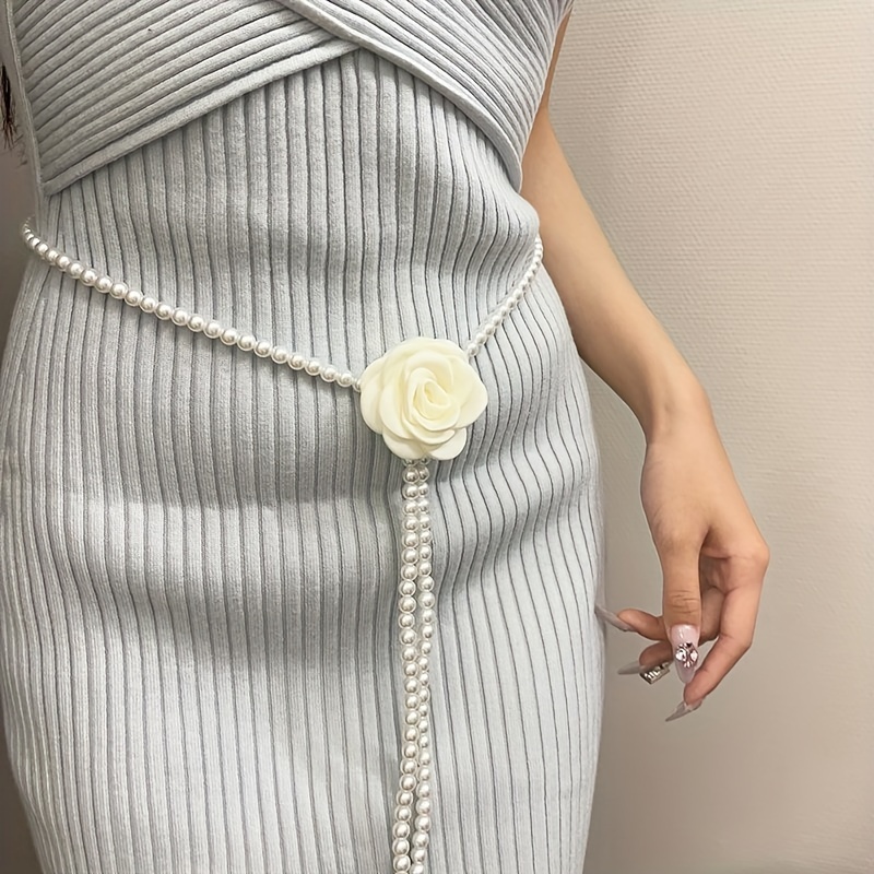 

Elegant Camellia Flower Imitation Pearl Belt Necklace Stylish Versatile Waist Belts For Women