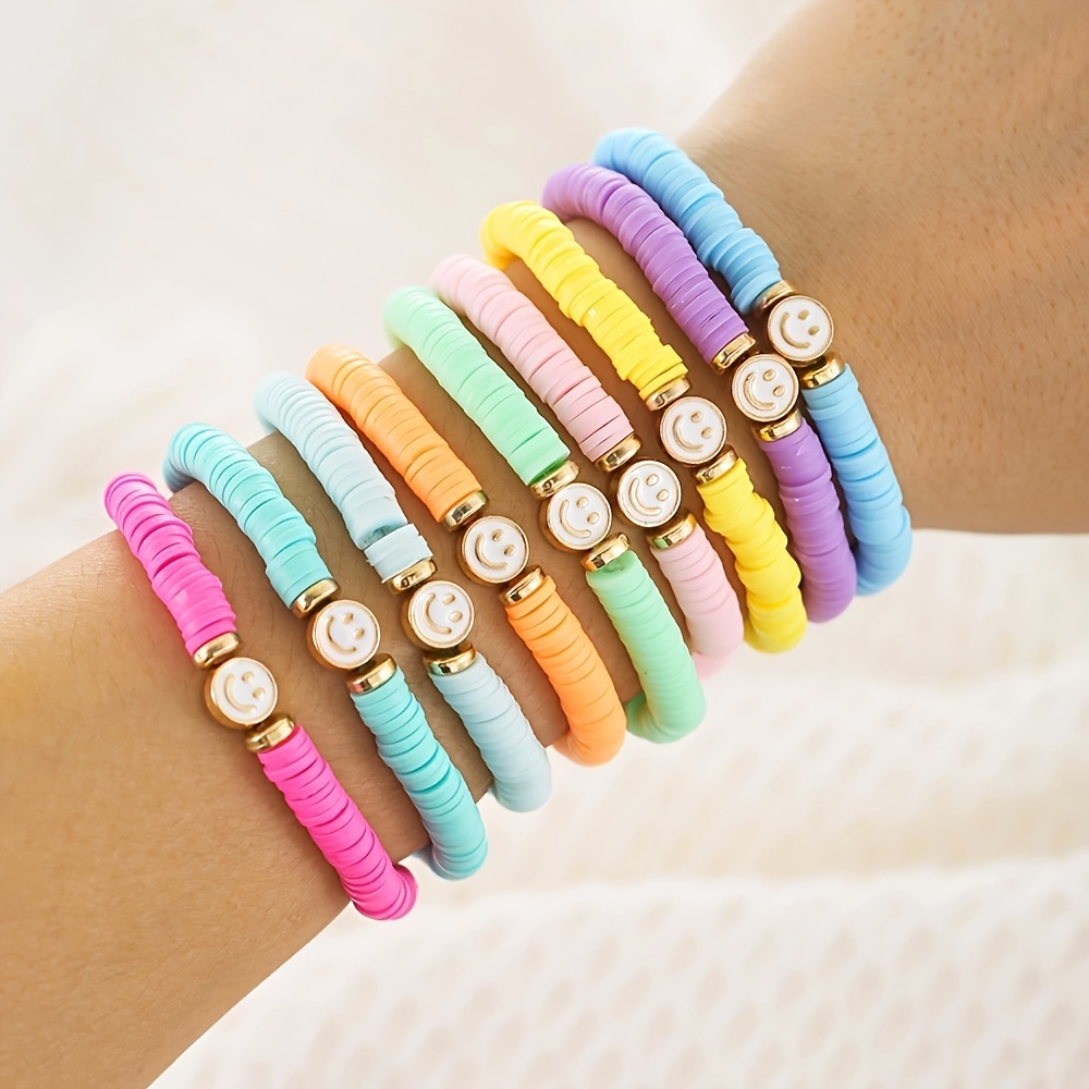 

9pcs Candy Color Polymer Clay Charm Bracelet, Baked Paint Smile Face Stacking Bracelet Set Boho Vacation Style Hand Jewelry